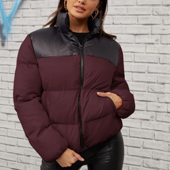 Color block quilted puffer jacket maroon black - Picture 2 of 9